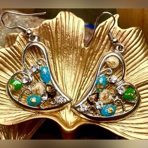 Vintage Heart Drop Earrings Green Turquoise Gold Leaf Rhinestones Enamel Stones